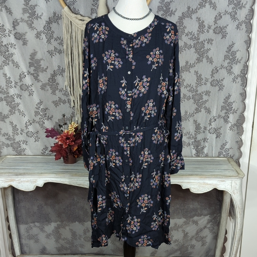 LOFT Black floral long sleeve shirt dress